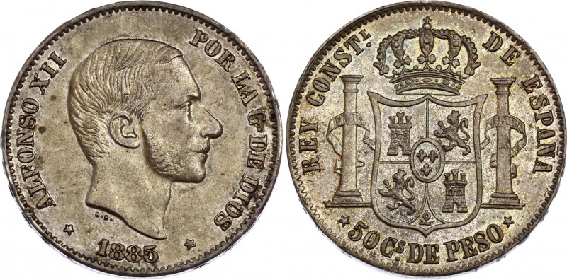 Philippines 50 Centimos de Peso 1885
KM# 150; Silver; Alfonso XII; AUNC