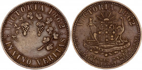 Australia T. Stokes Trade One Penny Token 1862
Tn# F299, VF-XF; 34mm; Copper; Melbourne; Victoria; Australia; Scarce; VICTORIA 1862 IN VINO VERITAS, ...