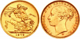 Australia Sovereign 1879 M
KM# 7; Gold (.917) 7,99g. Victoria; Melbourne Mint; XF-AU, mint luster.