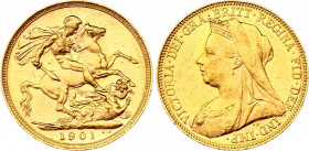 Australia Sovereign 1901 M
KM# 13; Melbourne mint. Gold (.917), 7.99g. UNC-, strong mint luster, rare condition!