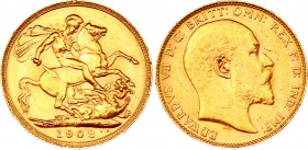 Australia Sovereign 1908 P
KM# 15; Gold (.917) 7,99g. Edward VII; Perth Mint; AUNC.