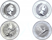 Australia 2 x 1 Dollar 1995 - 1996
KM# 260,289; Silver (0.999), 31.1 g. 40 mm.; Kookaburra on branch & in flight; Both in original bank package