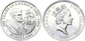 Cook Islands 50 Dollars 1990
KM# 43; Silver (0.925), 31.1 g.; Proof; 500 years discovery of America, ship, Cartier