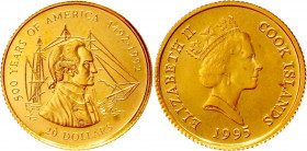 Cook Islands 20 Dollars 1995
KM# 258; Gold (.999) 1.24 g.; 500 Years of America; Elizabeth II; UNC