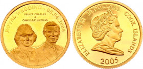 Cook Islands 10 Dollars 2005
KM# 1176; Marriage of Prince Charles and Camilla Parker-Bowles. Gold (.999), 1.24g. Proof.