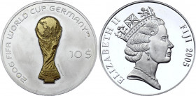 Fiji 10 Dollars 2005
KM# 263; Silver (0.999), 31.11 g. 38.61 mm; With gold plated inlay in centre; FIFA world cup