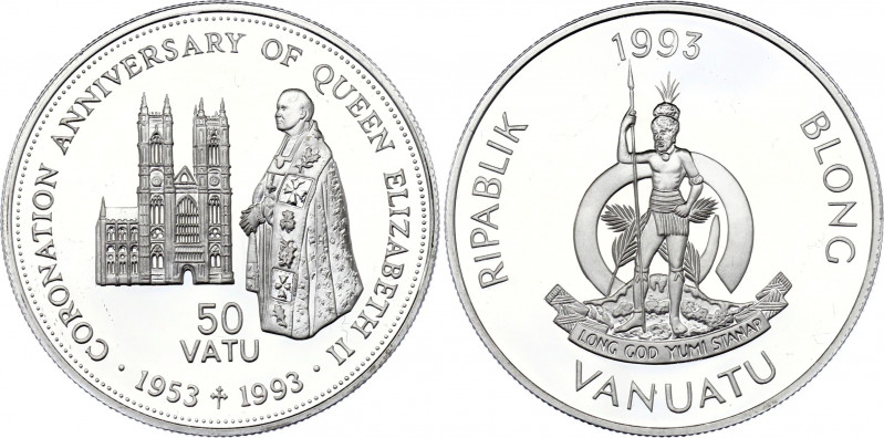 Vanuatu 50 Vatu 1993
KM# 15; Silver (0.925), 31.47 g.; Proof; 40th coronation a...