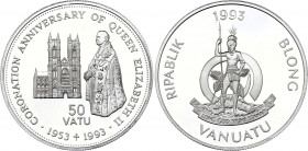 Vanuatu 50 Vatu 1993
KM# 15; Silver (0.925), 31.47 g.; Proof; 40th coronation anniversary
