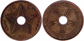 Belgian Congo 10 Centimes 1894
KM# 4; Copper 20,34g.; Leopold II; AUNC