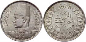 Egypt 5 Piastres 1939 AH1358
KM# 366; Silver 7,00g.; Farouk ; UNC