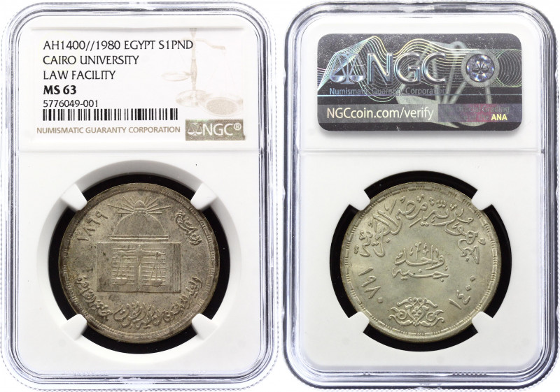 Egypt 1 Pound 1980 AH 1400 NGC MS 63
KM# 515; Silver; 100th Anniversary of the ...