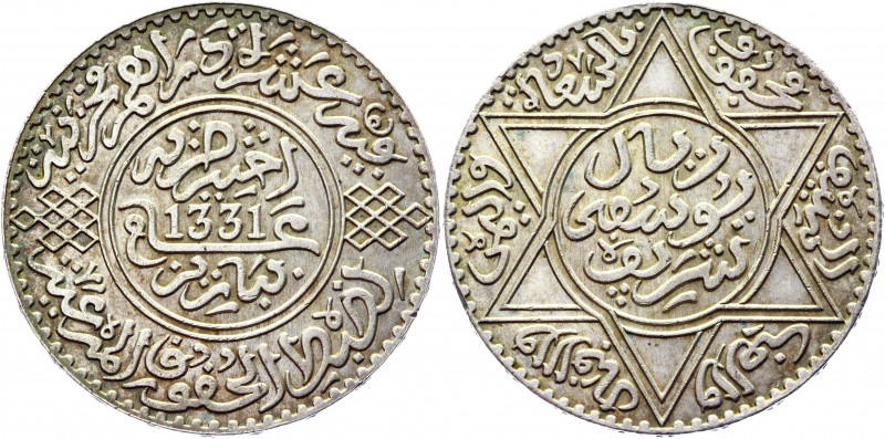 Morocco 10 Dirhams / 1 Rial 1913 AH 1331
Y# 33; Silver 24,95g.; AUNC