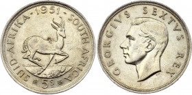 South Africa 5 Shillings 1951
KM# 40.2; Silver (0.500), 28.28 g. 38.8 mm.; Springbok