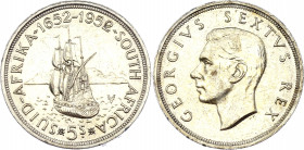 South Africa 5 Shillings 1952
KM# 41; Silver (0.500), 28.28 g. 38.8 mm.; 300 anniversary of founding of Capetown, schooner in harbour