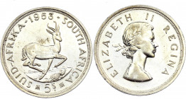 South Africa 5 Shillings 1953
KM# 52; Silver (0.500), 28.28 g. 38.8 mm.; Springbok