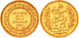 Tunisia 20 Francs 1897 A
KM# 227; Gold (.900), 6.45g. AUNC, mint luster.
