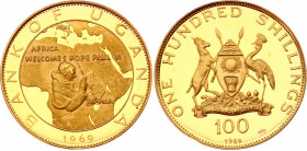 Uganda 100 Shillings 1969
KM# 15; Visit of Pope Paul VI. Gold (.900), 13.82g. Proof.
