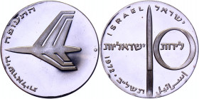 Israel 10 Lirot 1972 JE5732
KM# 62; Silver 26.00g.; Israeli Aviation; Israel’s 24th Anniversary; Mintage 14989 Pcs; Proof