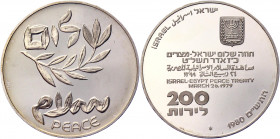 Israel 200 Lirot 1980 JE5740
KM# 104; Silver 26.00g.; Israel-Egypt Peace Treaty; Israel’s 32nd Anniversary; Mintage 12911 Pcs; Proof