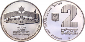 Israel 2 Sheqalim 1984 JE5745
KM# 145; Silver 28.80g.; Theresienstadt Concentration Camp Hanukka Lamp; Mintage 10011 Pcs; Proof