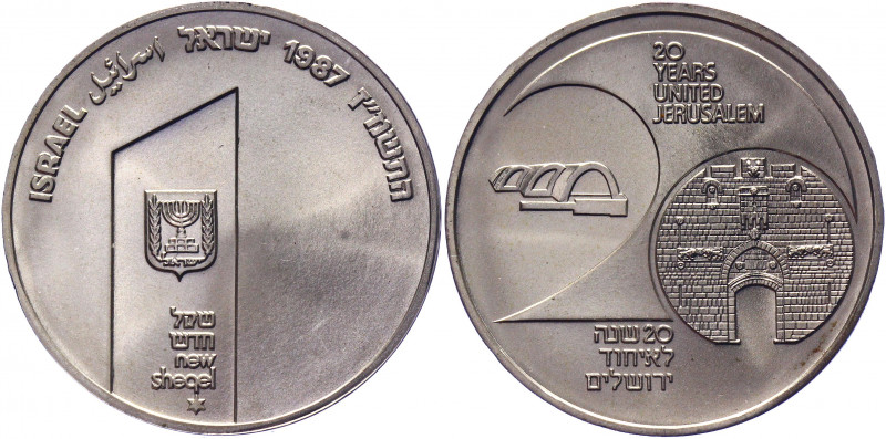 Israel 1 Sheqel 1987 JE5747
KM# 177; Silver 14.40g.; 20th Anniversary of United...