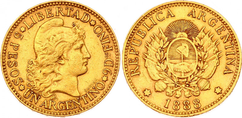 Argentina 1 Argentino / 5 Pesos 1888
KM# 31; Gold (.900), 6.45g. AUNC.