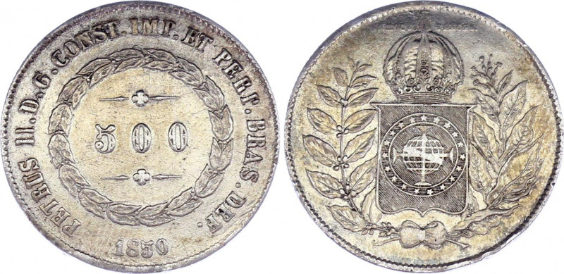 Brazil 500 Reis 1850
KM# 458; Silver. XF.