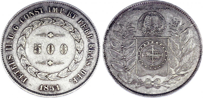 Brazil 500 Reis 1851
KM# 458; Silver. XF.