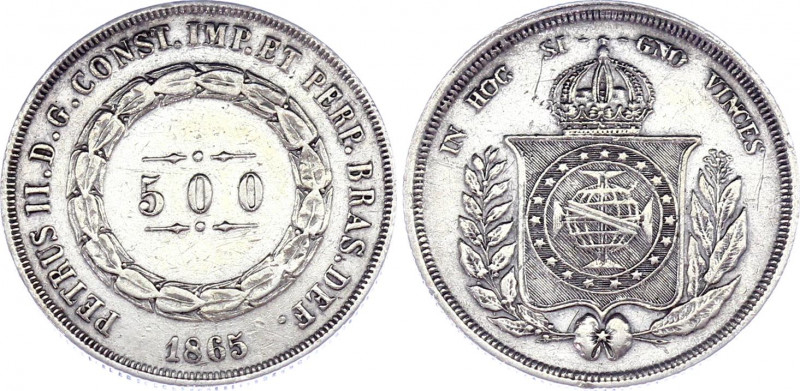 Brazil 500 Reis 1865
KM# 464; Silver. XF.