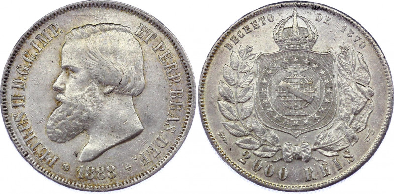 Brazil 2000 Reis 1888
KM# 485; Silver, XF-AU. Hairlines.