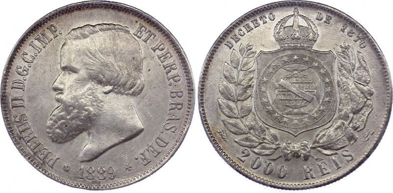 Brazil 2000 Reis 1889
KM# 485; Silver, XF-AU. Hairlines.