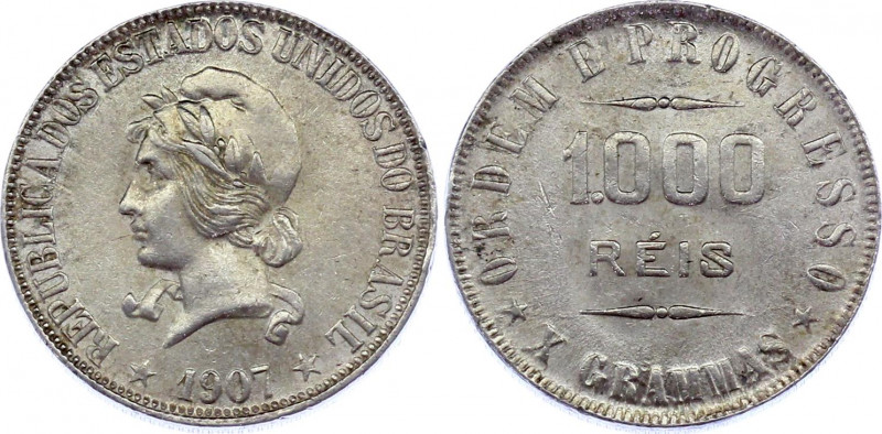 Brazil 1000 Reis 1907
KM# 507; Silver, AU.