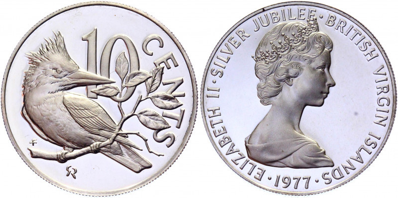 British Virgin Islands 10 Cents 1977 FM
KM# 11; Silver; Elizabeth II; Ringed Ki...