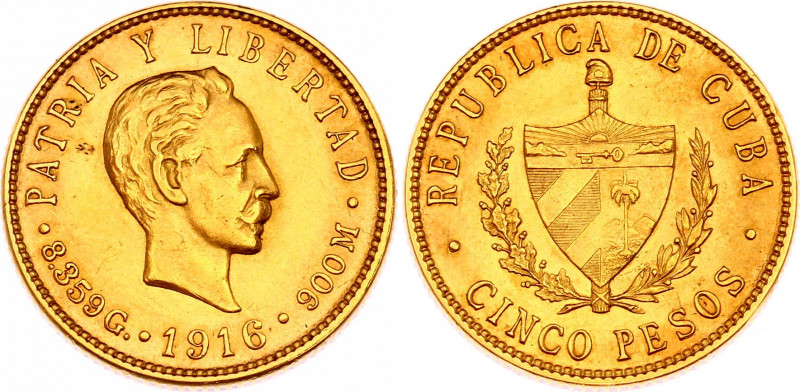 Cuba 5 Pesos 1916
KM# 19; Gold (.900), 8.35g. UNC.