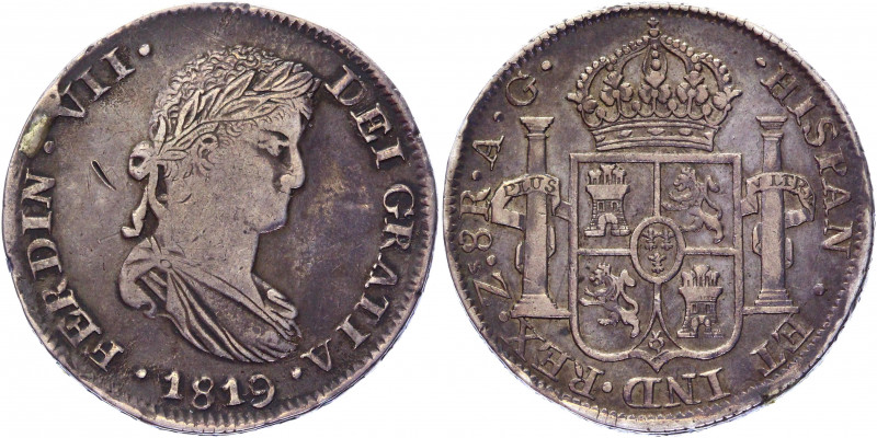 Mexico 8 Reales 1819 AG Zacatecas
KM# 111.5; Silver 27.07 g.; Royalist Coinage;...