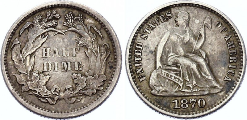 United States 1/2 Dime 1870
KM# 91; Silver; Seated Liberty (obverse legend)