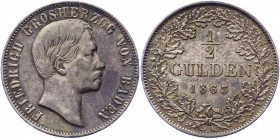 German States Baden 1/2 Gulden 1863
KM# 243; AKS# 127; J. 75b; Silver 7.10 g.; Friedrich I; XF