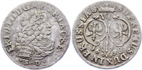 German States Brandenburg 6 Groschen / Szóstak 1698 SD
KM# 610; Silver 3.83 g.; Friedrich III; Mint: Königsberg; VF-XF