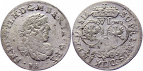 German States Brandenburg 6 Groschen 1686 BA
KM# 429; Schrötter# 1862; Silver 3.16 g.; Friedrich Wilhelm; Mint: Königsberg; VF-XF