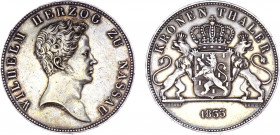 German States Nassau 1 Kronenthaler 1833
KM# 54; Dav. 743; AKS# 42; J. 41; Silver 29.20 g.; Wilhelm; AUNC