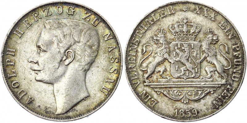 German States Nassau 1 Taler 1859 Z
KM# 75; Dav. 747; Silver 18.49g.; Adolph; X...