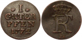 German States Prussia Pfennig 1772 A
KM# 326; Olding# 154; Billon 0.66 g.; Friedrich II; Mint: Berlin; VF-XF