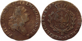 German States Prussia 1/2 Groschen 1797 B
KM# D362.1; Olding# 28 a; Copper 3.42 g.; Friedrich Wilhelm II; Mint: Breslau; VF