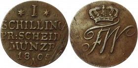 German States Prussia 1 Schilling 1805 A
KM# A385; Olding# 151; Schrötter# 122; Copper 2.26 g.; Friedrich Wilhelm III; Mint: Berlin; VF