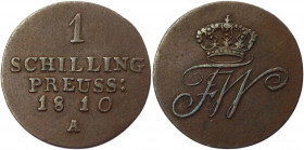 German States Prussia 1 Schilling 1810 A
KM# B385; Olding# 152; Schrötter# 257; Copper 2.24 g.; Friedrich Wilhelm III; Mint: Berlin; VF-XF