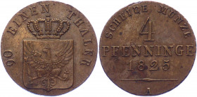 German States Prussia 4 Pfennig 1825 A
KM# 408; AKS# 32; Neumann# 76; Copper 6.25 g.; Friedrich Wilhelm III; Mint: Berlin; AUNC