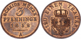 German States Prussia 3 Pfenninge 1852 A
KM# 453; Friedrich Wilhelm IV; UNC, mint luster remains