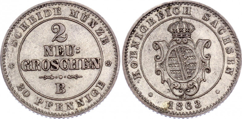 German States Saxony 2 Neugroschen / 20 Pfennige 1863 B
KM# 1220; Silver; Johan...