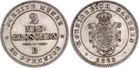 German States Saxony 2 Neugroschen / 20 Pfennige 1863 B
KM# 1220; Silver; Johann; UNC-