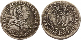 German States Silesia 3 Kreuzer 1753 B
KM# 966; Olding# 304 b; Billon 1.22 g.; Friedrich II; Mint: Breslau; VF-XF